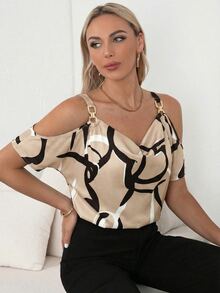 SHEIN Clasi 全身印花露肩链条细节露肩上衣 - 卡其色 - 查看 6