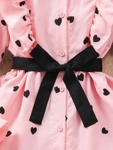SHEIN Tween Girls Fall Outfits Fall Tops 2pcs/Set Heart Print Ruffle Cuff Long Sleeve Blouse With Sash Belt And Legging Set, Autumn, Cute - Pink - View 7