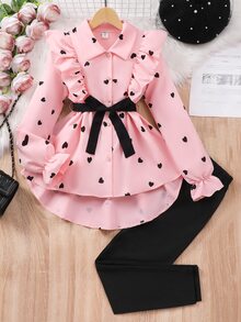 SHEIN Tween Girls Fall Outfits Fall Tops 2pcs/Set Heart Print Ruffle Cuff Long Sleeve Blouse With Sash Belt And Legging Set, Autumn, Cute - Pink - View 2