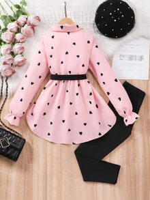 SHEIN Tween Girls Fall Outfits Fall Tops 2pcs/Set Heart Print Ruffle Cuff Long Sleeve Blouse With Sash Belt And Legging Set, Autumn, Cute - Pink - View 3