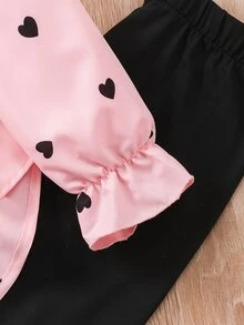 SHEIN Tween Girls Fall Outfits Fall Tops 2pcs/Set Heart Print Ruffle Cuff Long Sleeve Blouse With Sash Belt And Legging Set, Autumn, Cute - Pink - View 5
