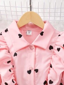 SHEIN Tween Girls Fall Outfits Fall Tops 2pcs/Set Heart Print Ruffle Cuff Long Sleeve Blouse With Sash Belt And Legging Set, Autumn, Cute - Pink - View 8