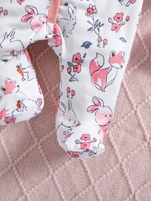 SHEIN 新生女嬰秋季針織圓領拼接動物圖案短袖連身包屁衣，醫院出生款，淺粉色配白色，可愛俏皮 - 彩色 - 查看 5