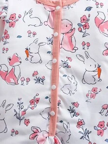 SHEIN 新生女嬰秋季針織圓領拼接動物圖案短袖連身包屁衣，醫院出生款，淺粉色配白色，可愛俏皮 - 彩色 - 查看 7