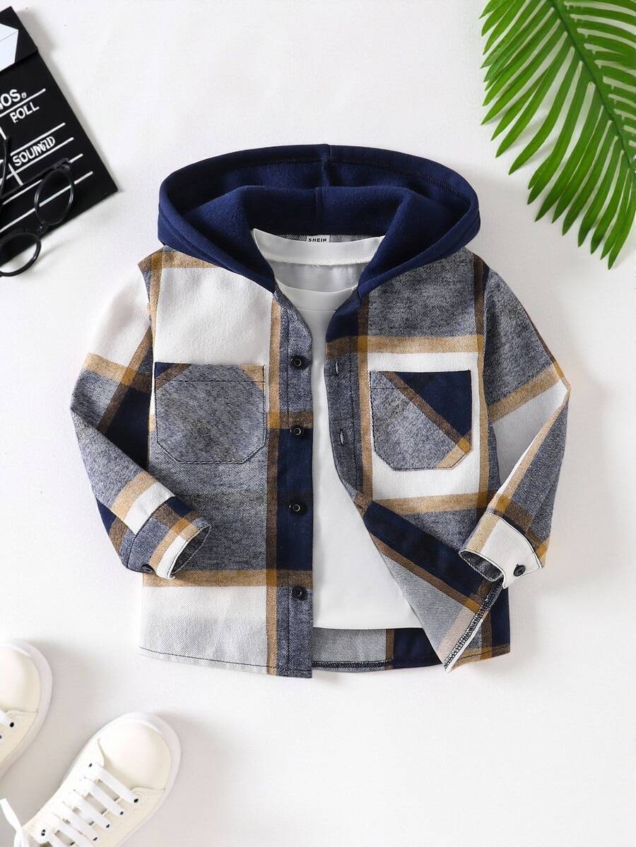 SHEIN Young Boys Plaid Pattern Hooded Shacket, Back To School Season, Fall