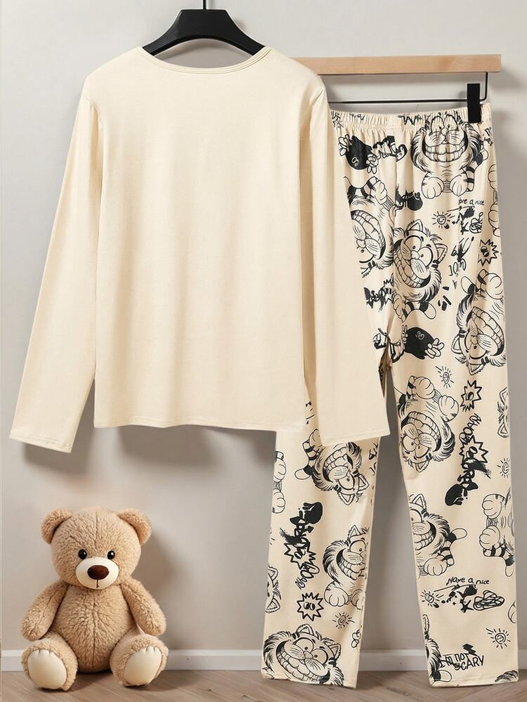 Boys' Beige Tiger Print Knit Fabric Comfortable Soft Long Sleeve Top And Pants 2 Pieces Casual Cute Pajama Set Holiday Night Autumn - Apricot - View 2