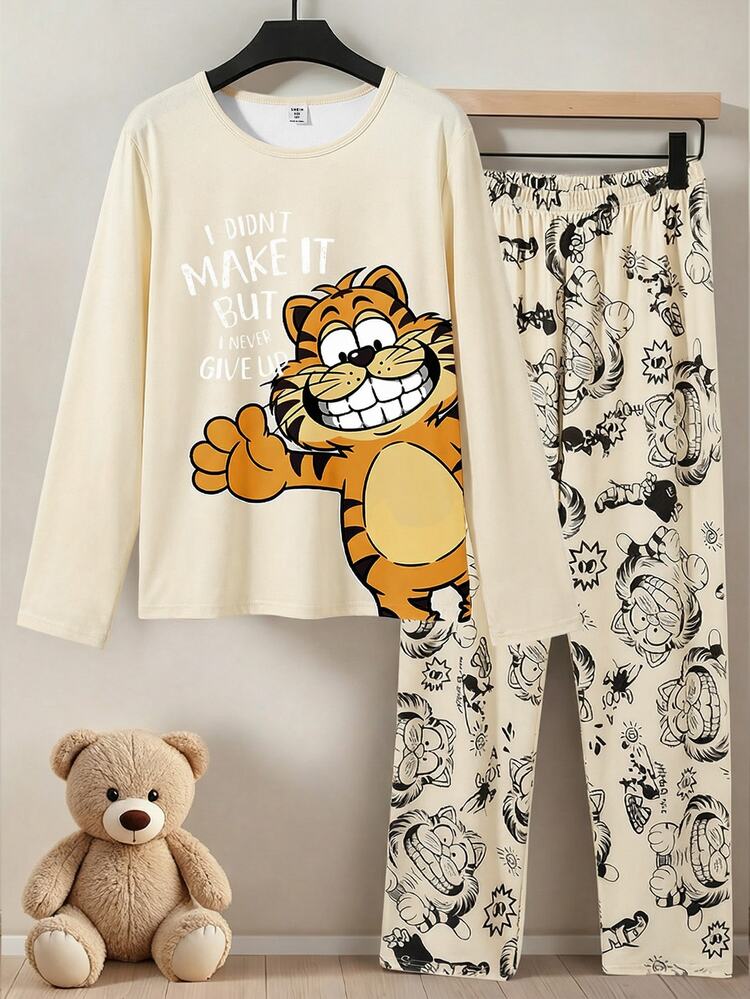 Boys' Beige Tiger Print Knit Fabric Comfortable Soft Long Sleeve Top And Pants 2 Pieces Casual Cute Pajama Set Holiday Night Autumn - Apricot - View 3