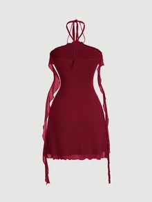 SHEIN MOD Wine Red Halter Neck Floral Decor Ruffle Collar Tie Romantic Stretch Knit Mesh Women Dress - Burgundy - View 2