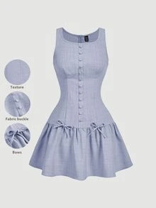 SHEIN MOD Button & Bow Decor Women Short Dress ,Summer Dress - Dusty Blue - View 5