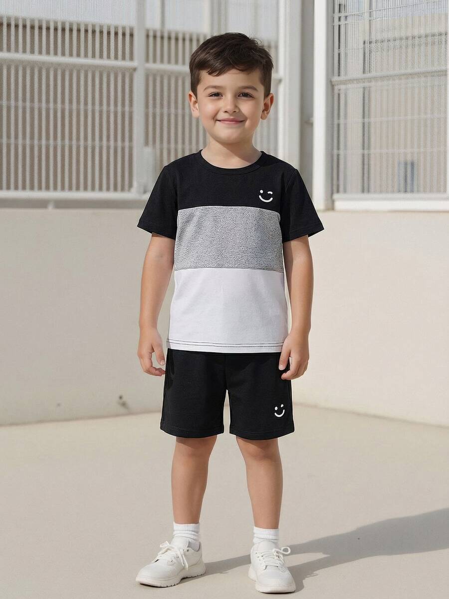 SHEIN 2pcs/Set Young Boy Winking Face Printed Black White Gray Short Sleeve T-Shirt And Shorts Set, Summer Birthday Beach - Black - View 1