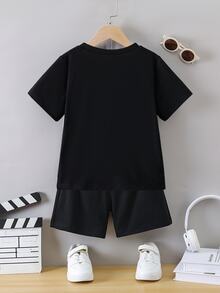 SHEIN 2pcs/Set Young Boy Winking Face Printed Black White Gray Short Sleeve T-Shirt And Shorts Set, Summer Birthday Beach - Black - View 4