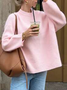 Cévolie Women's Solid Color Round Neck Loose Fit Batwing Long Sleeve Casual Sweater, Autumn Winter, Knit Pullover Fall - Pink - View 4