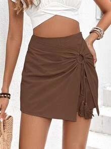 SHEIN Frenchy Tassel Decor Ring Linked Bow Tie Wrap Mini Asymmetrical Hem Skort - Coffee Brown - View 3