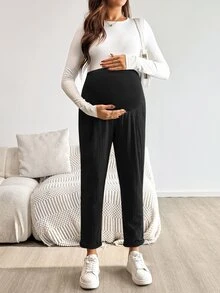 SHEIN 孕妇休闲纯色可调节腰围裤 - 黑色 - 查看 5
