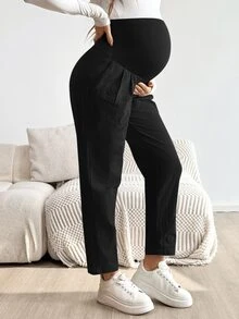 SHEIN 孕妇休闲纯色可调节腰围裤 - 黑色 - 查看 6