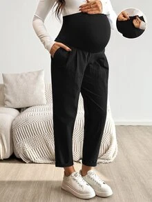 SHEIN 孕妇休闲纯色可调节腰围裤 - 黑色 - 查看 9