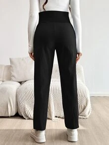 SHEIN 孕妇休闲纯色可调节腰围裤 - 黑色 - 查看 2