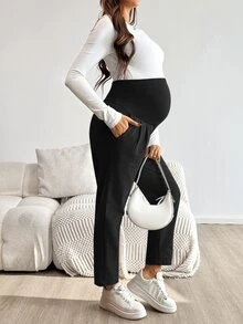 SHEIN 孕妇休闲纯色可调节腰围裤 - 黑色 - 查看 4