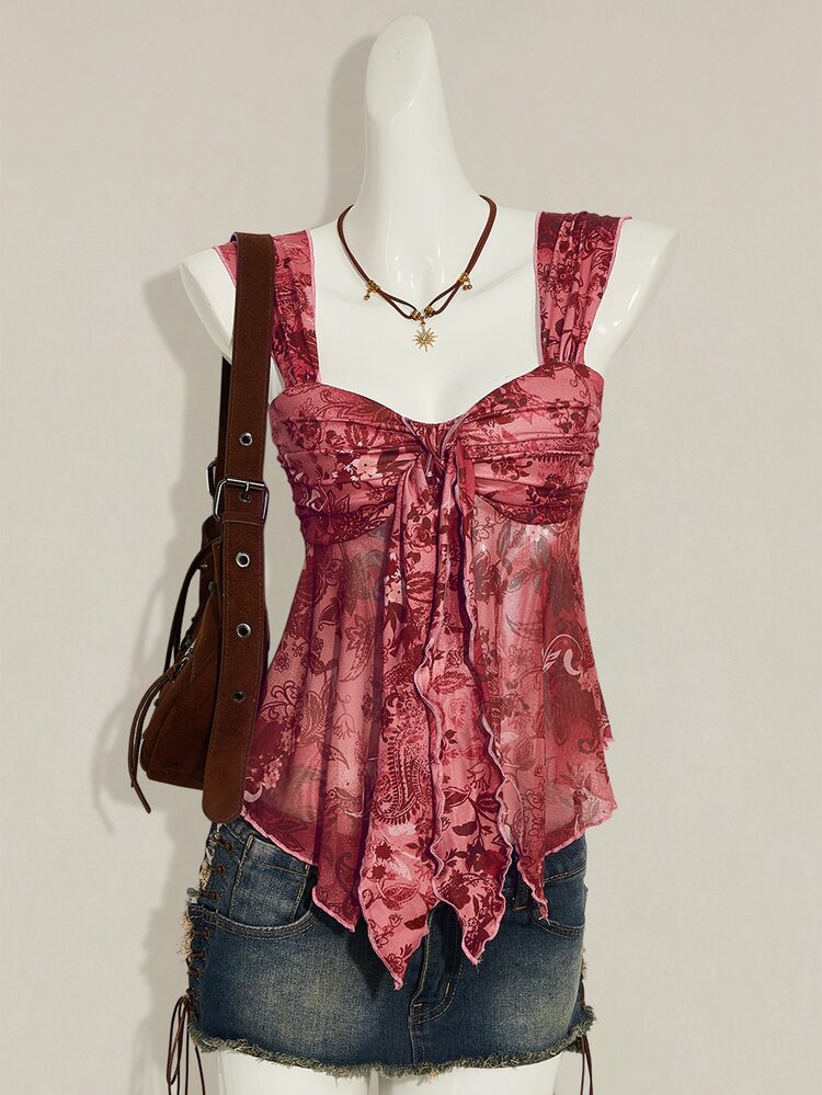 SHEIN ICON Vintage Print Asymmetrical Mesh Hem Women Tank Top,Summer Top - Burgundy - View 1