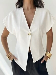 Firerie 女士优雅简约时尚百搭日常通勤纯色姜黄色蝙蝠袖不对称下摆休闲上衣，高端通勤极简主义解构主义宽松蝙蝠袖V领单排扣不对称下摆无袖衬衫，秋冬季款 - 白色 - 查看 6