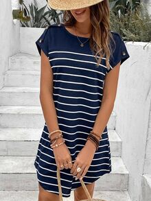 SHEIN Frenchy Đầm ngắn tay cánh dơi in họa tiết kẻ sọc - Màu xanh hải quân - Xem 5