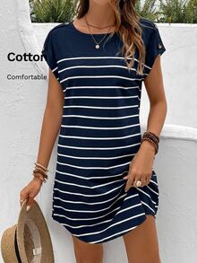 SHEIN Frenchy Đầm ngắn tay cánh dơi in họa tiết kẻ sọc - Màu xanh hải quân - Xem 8