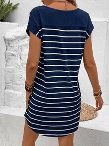 SHEIN Frenchy Đầm ngắn tay cánh dơi in họa tiết kẻ sọc - Màu xanh hải quân - Xem 2