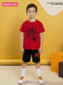 1 Set Young Boys' Cool Spider Web Spider Graphic Red T-Shirt Pink Shorts, Summer Outfit For Daily Wear Halloween - Multicolor - View 1