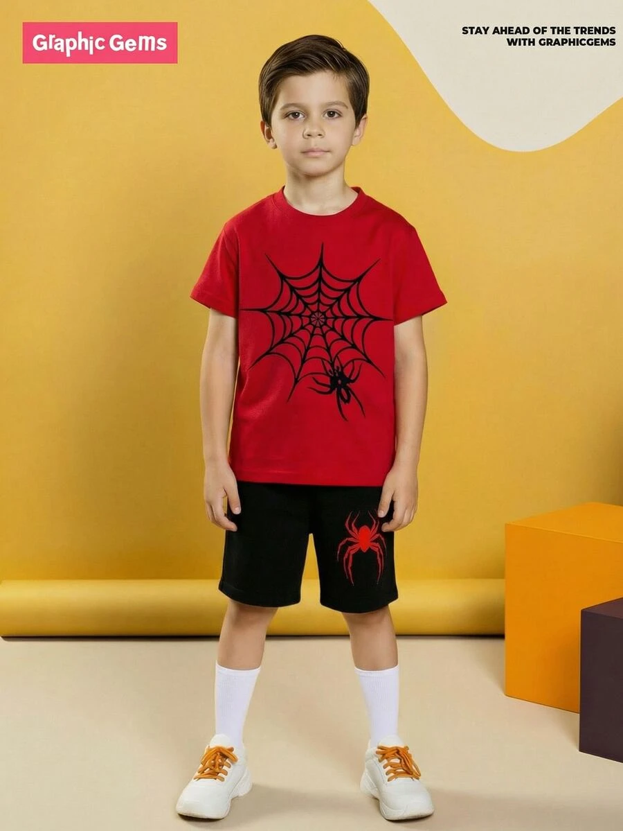 1 Set Young Boys' Cool Spider Web Spider Graphic Red T-Shirt Pink Shorts, Summer Outfit For Daily Wear Halloween - Multicolor - View 1