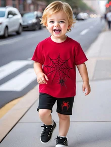 1 Set Young Boys' Cool Spider Web Spider Graphic Red T-Shirt Pink Shorts, Summer Outfit For Daily Wear Halloween - Multicolor - View 2