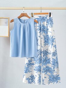 SHEIN Clasi 女士圆领无袖宽松褶皱蓝色印花阔腿裤，优雅休闲套装，适合外出和度假，春夏两件套女装，夏季女装套装，两件套夏季服装，女士休闲套装，夏季女装，度假服装，假日服装 - 彩色 - 查看 1