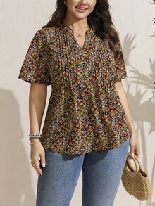 Comfylo 大尺碼女款休閒度假碎花泡泡袖上衣，夏季端莊風 - 彩色 - 查看 3
