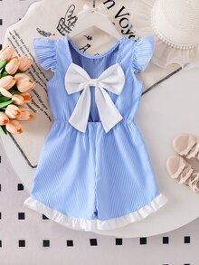 SHEIN Young Girls 4-7Y Blue Striped Flutter Sleeve Open Back Big Bow Contrast Ruffle Hem Romper Playsuit Jumpsuit For Summer Beach 7th Birthday Vacation - Blue - View 3