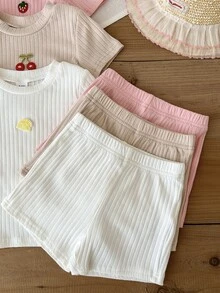 SHEIN 6件組女嬰粉色與白色夏季休閒端莊可愛家庭套裝 羅紋針織短袖上衣與短褲套裝 櫻桃草莓圖案 - 彩色 - 查看 9