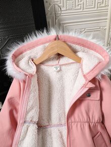 SHEIN Explorewe 年轻女孩粉色复合夹克，带可拆卸兜帽和毛领，休闲日常穿着 - 粉色 - 查看 3