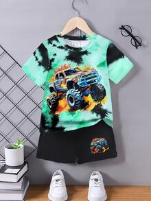 SHEIN Coolqubz 2pcs/Set Young Boys Customized Short Sleeve Shorts Set, School Birthday, Campus, College Summer - Green - View 1