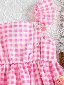 SHEIN Baby Girl 2-Piece Plaid & Floral Print Flutter Sleeve Button Front Dress, Versatile For Casual, Outdoor, Holiday, Party Wear - Pink - View 7