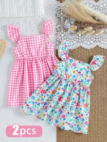 SHEIN Baby Girl 2-Piece Plaid & Floral Print Flutter Sleeve Button Front Dress, Versatile For Casual, Outdoor, Holiday, Party Wear - Pink - View 1