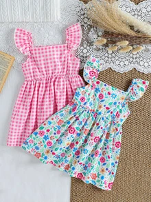 SHEIN Baby Girl 2-Piece Plaid & Floral Print Flutter Sleeve Button Front Dress, Versatile For Casual, Outdoor, Holiday, Party Wear - Pink - View 2