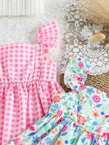 SHEIN Baby Girl 2-Piece Plaid & Floral Print Flutter Sleeve Button Front Dress, Versatile For Casual, Outdoor, Holiday, Party Wear - Pink - View 4