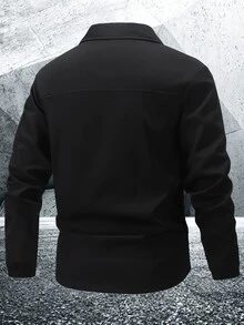 Manfinity Homme Men's Casual Solid Color Arm Zipper Pocket Lightweight Jacket, Autumn Brown Zip Up For Men, Fall Tops Long Sleeve Coffee - Black - View 2