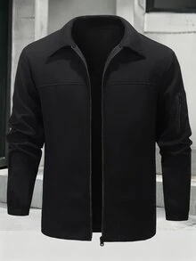 Manfinity Homme Men's Casual Solid Color Arm Zipper Pocket Lightweight Jacket, Autumn Brown Zip Up For Men, Fall Tops Long Sleeve Coffee - Black - View 3