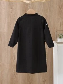 SHEIN 幼童男嬰黑色端莊長袍 秋季開齋節婚禮賓客阿拉伯式迪什達沙 伊斯蘭服飾卡夫坦 沙烏地阿拉伯長袍庫塔套裝 - 黑色 - 查看 2