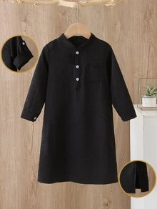 SHEIN 幼童男嬰黑色端莊長袍 秋季開齋節婚禮賓客阿拉伯式迪什達沙 伊斯蘭服飾卡夫坦 沙烏地阿拉伯長袍庫塔套裝 - 黑色 - 查看 3