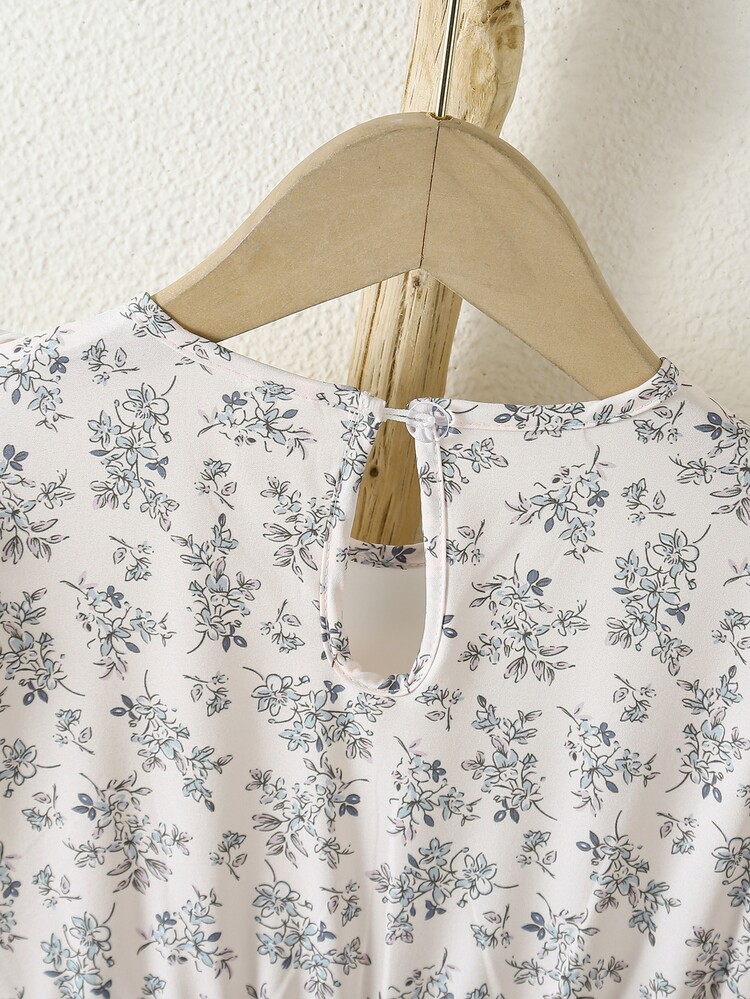 SHEIN Vestido de niña con volantes de encaje y lazo con estampado floral, adecuado para salidas diarias, viajes y vacaciones - Multicolor - Añade 5