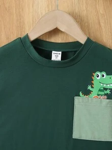 SHEIN Young BoyCute Pocket Dinosaur Print Casual Outfit, Suitable For Daily, Park, Travel & Holiday - Green - View 7