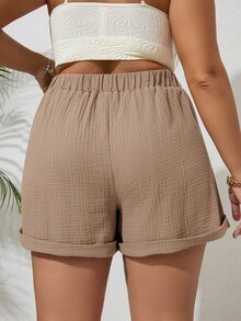 SHEIN VCAY 大码女式纯色腰系带宽松休闲短裤 - 駝色 - 查看 3