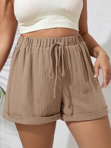 SHEIN VCAY 大码女式纯色腰系带宽松休闲短裤 - 駝色 - 查看 7