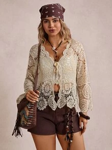 Freevana Plus Size Solid Color Front Tie Long Sleeve Vacation Knit Hollow Cardigan Winter Fall Autumn Evening Wedding Guest Beige Boho Elegant - Beige - View 4