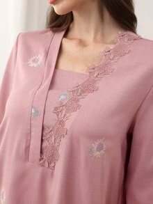 Yasmyna 女士刺绣宽松优雅喇叭下摆长袖连衣裙 - 粉色 - 查看 3